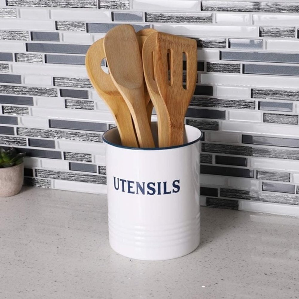 Utensil Holder Vintage Style Metal Freestanding 5 in x 5 in x 6 in White/Blue - Picture 5 of 10